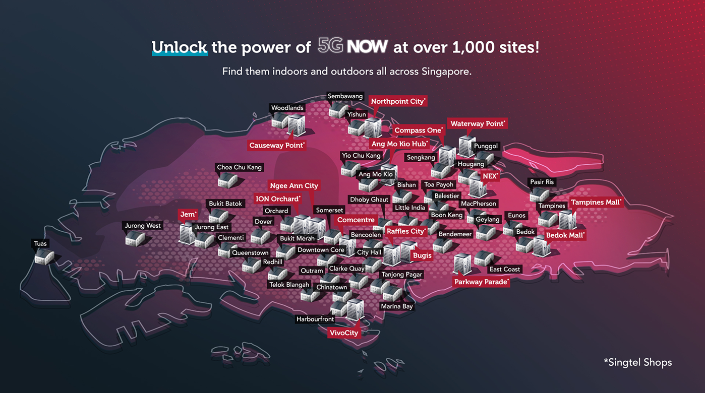 Map of Singapore highlighting multiple locations with 5G coverage markers and text promoting over 1,000 indoor and outdoor 5G sites.
