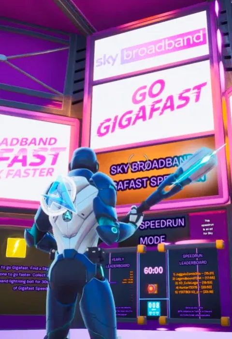 Digital cartoon of a figure holding a light bar, positioned in a neon animated environment.