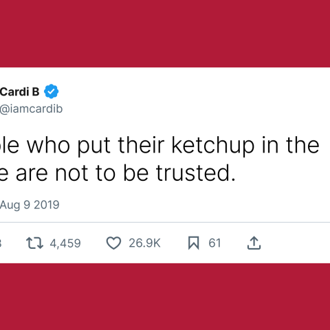Tweet from Cardi B reading ‘People who put their ketchup in the fridge are not to be trusted.’