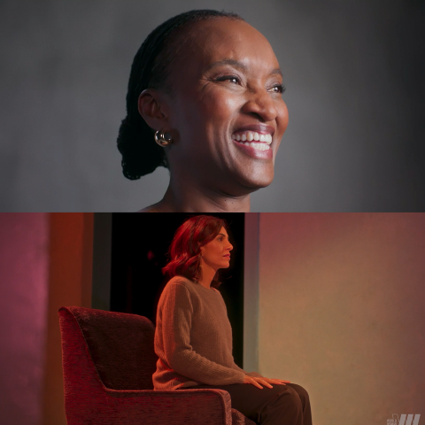 Woman seated in a studio chair during a filmed interview under warm lighting.