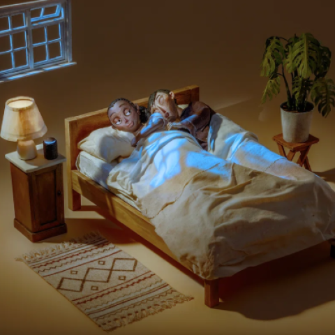 Stop-motion clay figures lying in bed under covers, lit by a bedside lamp in a calm nighttime setting.