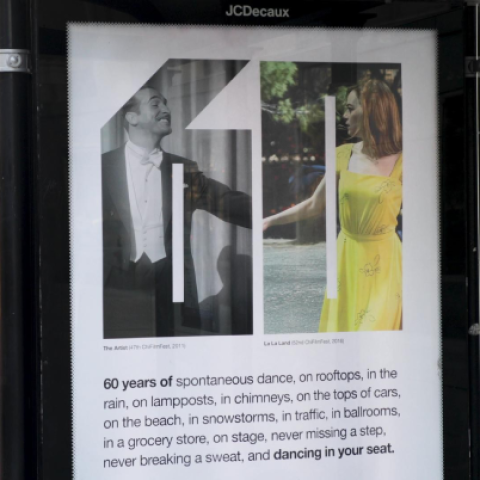 Chicago International Film Festival bus shelter poster celebrating 60 years of cinema, featuring paired film stills framed within a stylised ‘60’ design.