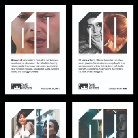 Selection of Chicago International Film Festival posters pairing contrasting film scenes within the number 60 to represent themes such as identity, emotion, and human connection across decades of film.
