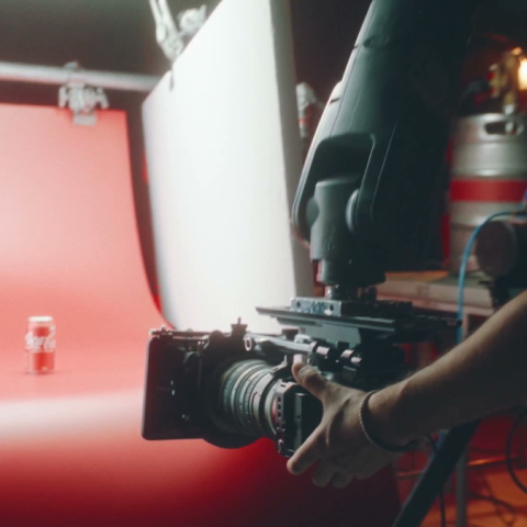 Behind-the-scenes studio setup filming a Coca-Cola can against a red background with professional camera equipment.