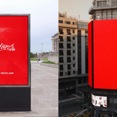 Coca-Cola Recycle Me campaign shown across multiple outdoor advertising formats including street displays and building billboards.