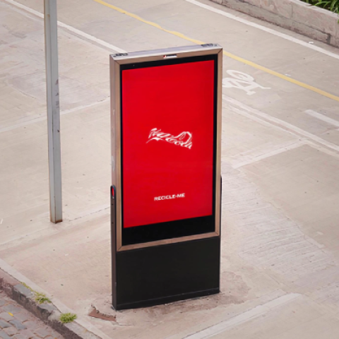 Coca-Cola Recycle Me campaign displayed on a red digital street advertising screen on a city sidewalk.