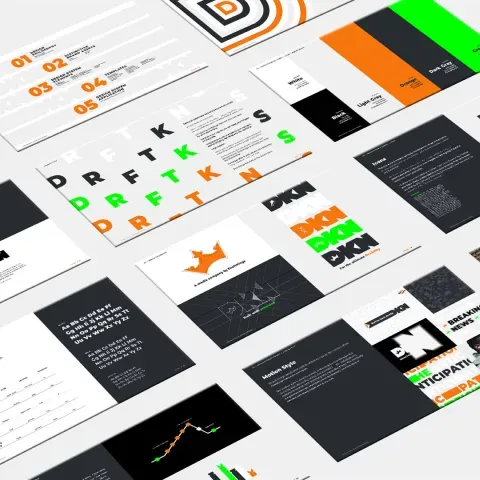 DraftKings Network brand guidelines showcasing logo construction, typography, icon sets, and flexible layout applications.