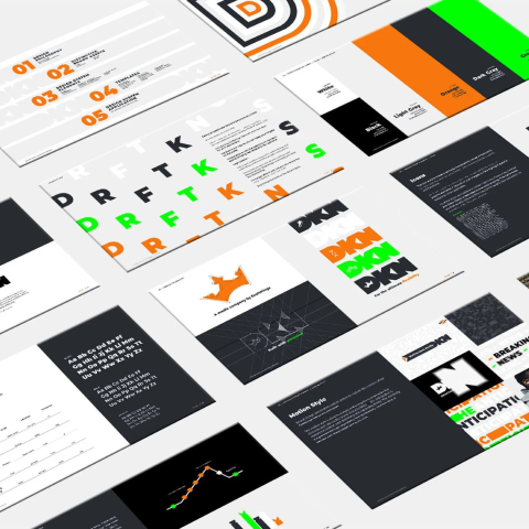 DraftKings Network brand guidelines showcasing logo construction, typography, icon sets, and flexible layout applications.