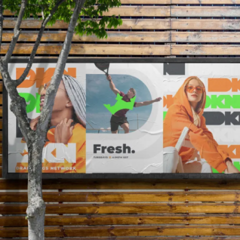 DraftKings Network brand toolkit layout displaying design philosophy, typography rules, color usage, and visual system components.