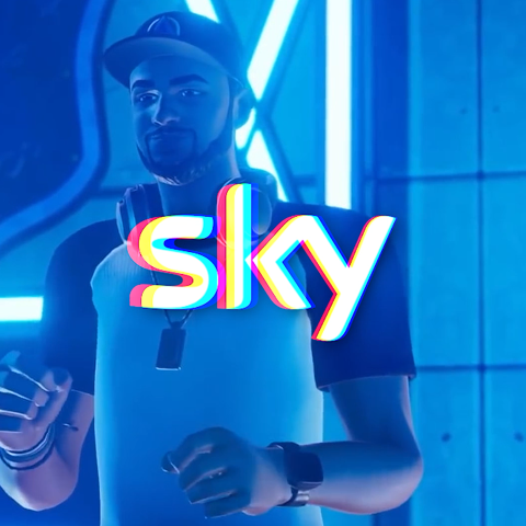 Animated gaming character standing inside a futuristic environment with Sky branding promoting Sky Gigafast broadband.