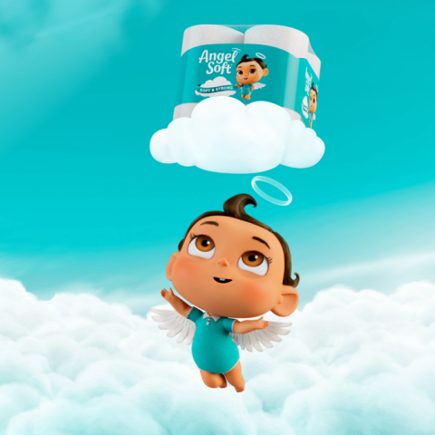 Smiling animated baby angel floating in the sky with wings and halo, reaching toward an Angel Soft toilet paper pack sitting on a cloud above fluffy white clouds.
