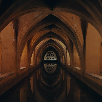 Historic arched corridor reflected in still water, showcasing traditional Andalusian architecture and symmetry.