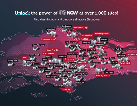 Map of Singapore highlighting multiple locations with 5G coverage markers and text promoting over 1,000 indoor and outdoor 5G sites.
