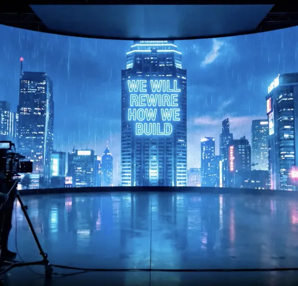 behind the scenes shot of a futuristic style shoot set in a city during the rain 