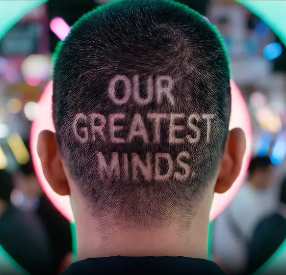 Back of someones head with a neon backdrop, their hair is shaved with 'our greatest minds' written in